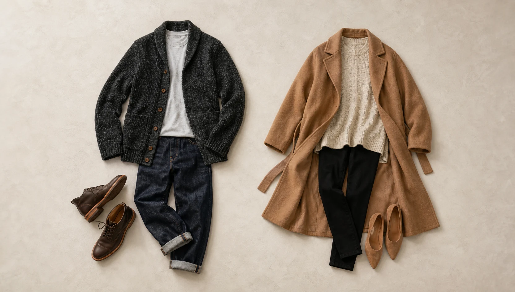 Outfit ideas for walking hand-in-hand under overcast fall sky engagement photos