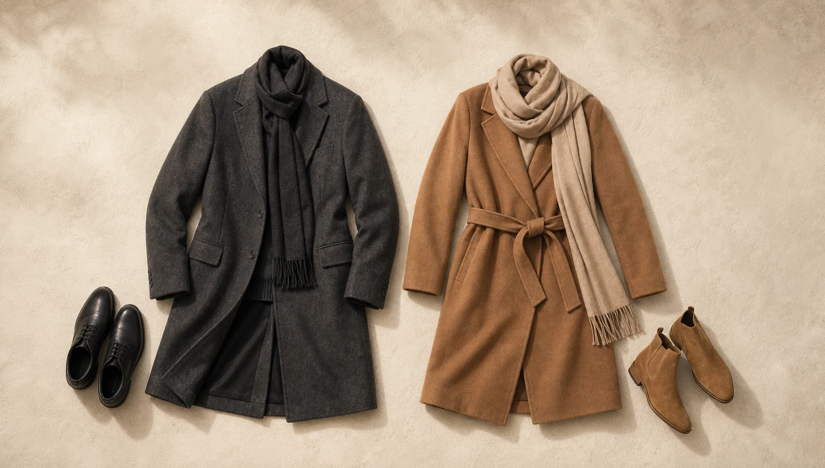 Outfit ideas for walking together on snowy ridge at golden hour engagement photos