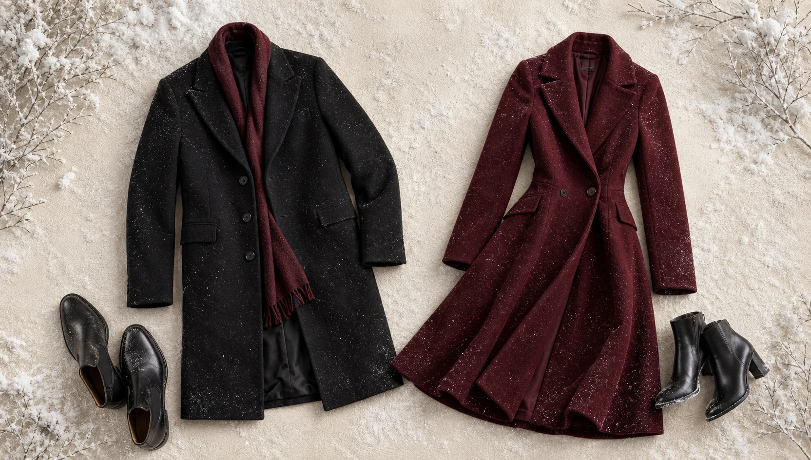 Outfit ideas for walking through snowy trees in burgundy engagement photos