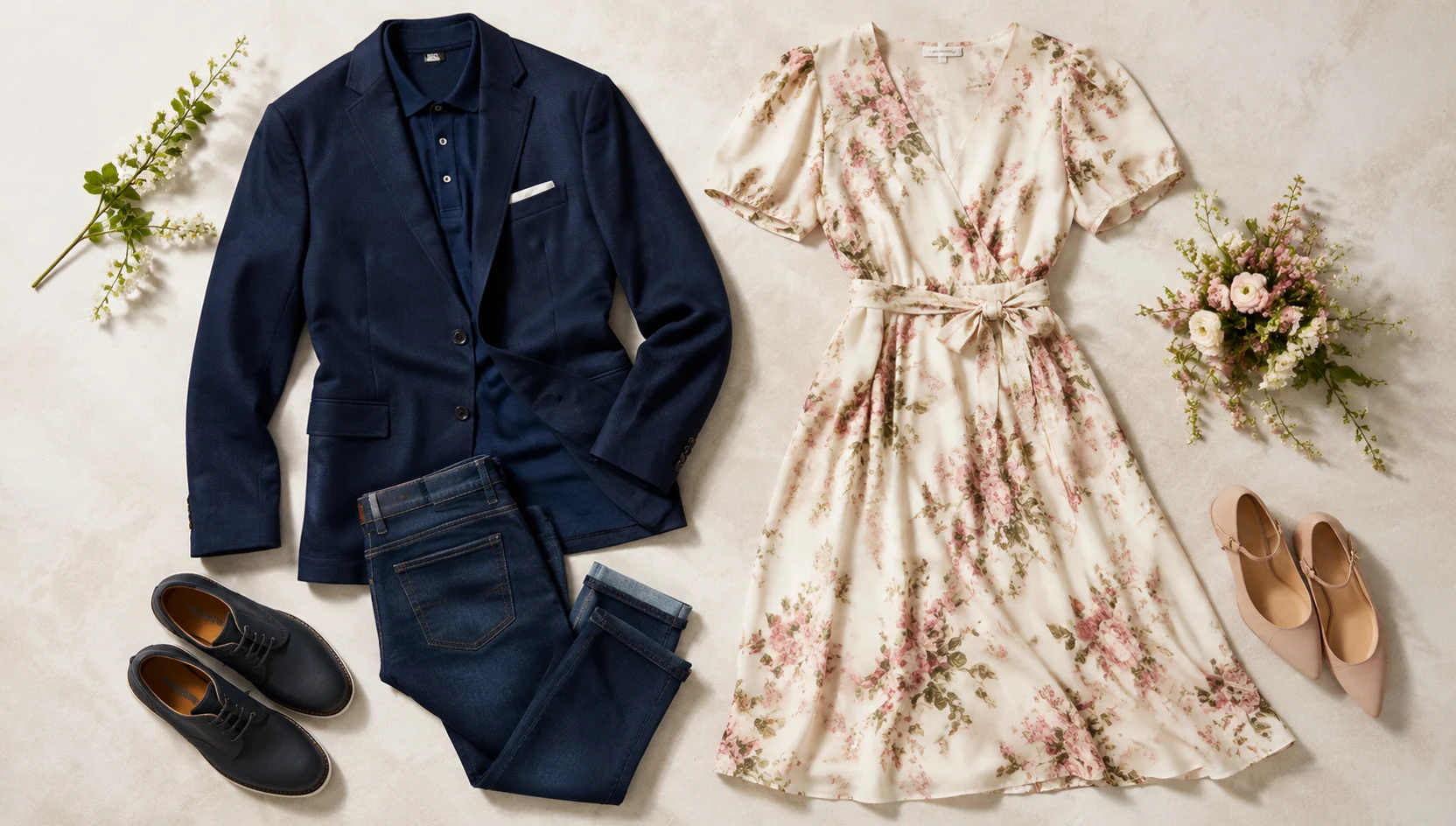 Outfit ideas for playful stroll along blossom-framed boulevard engagement photos