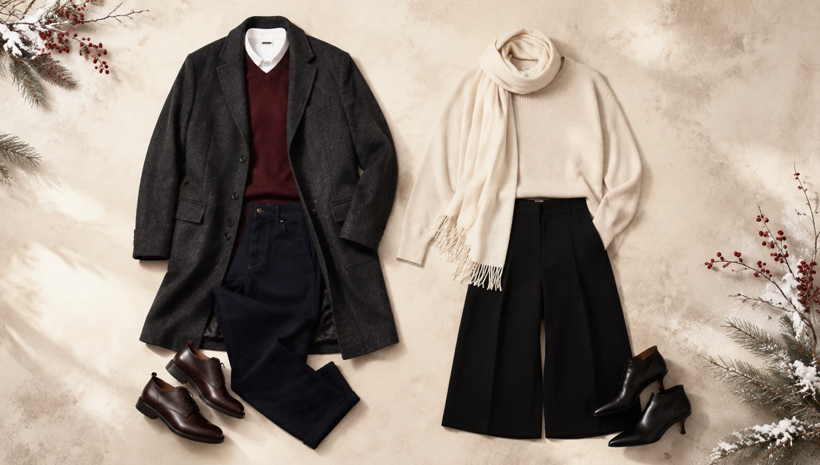 Outfit ideas for dreamy snowy stroll in burgundy coats engagement photos