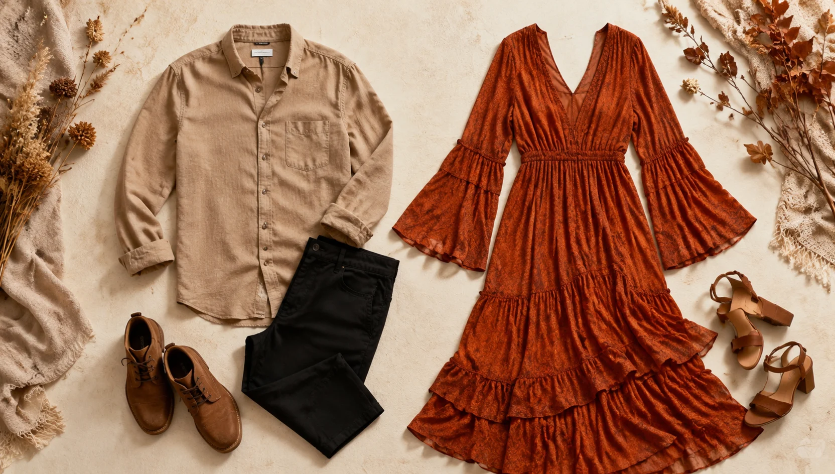 Outfit ideas for sunset walk through golden aspen leaves engagement photos