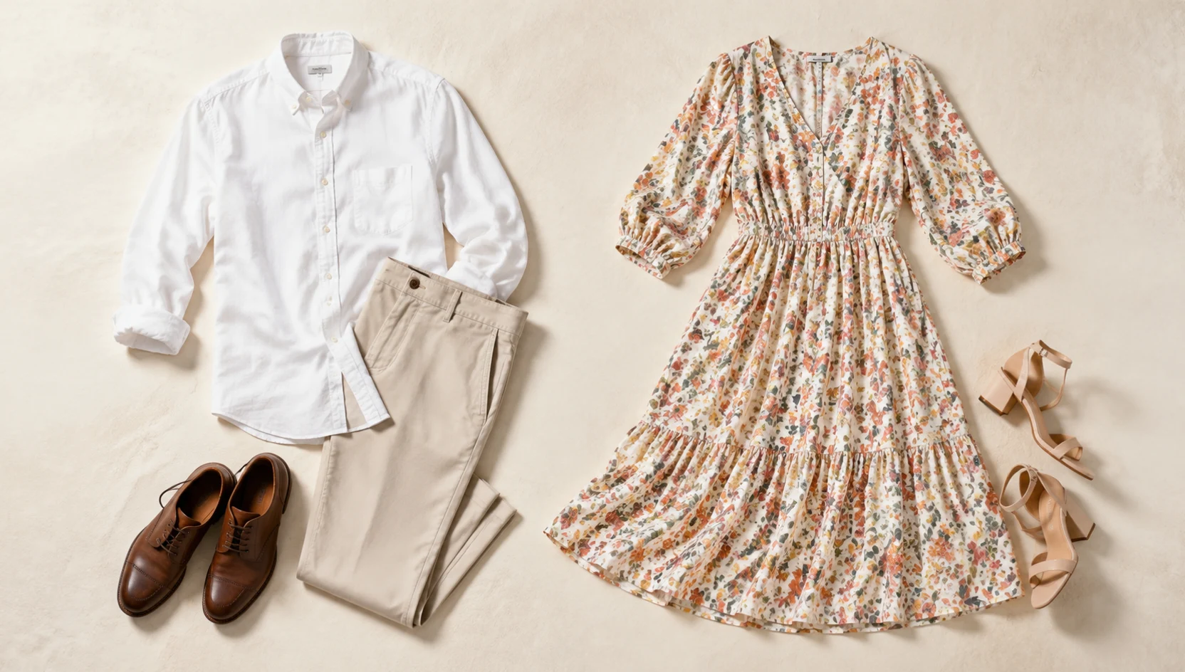 Outfit ideas for hand-in-hand stroll past morning-damp plaza engagement photos