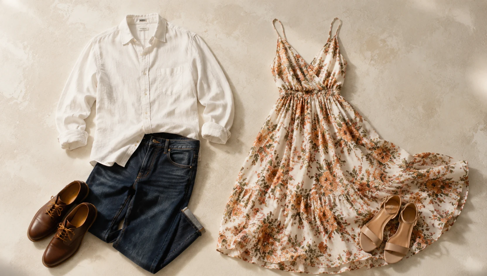 Outfit ideas for warm sunset sitting close in the prairie engagement photos