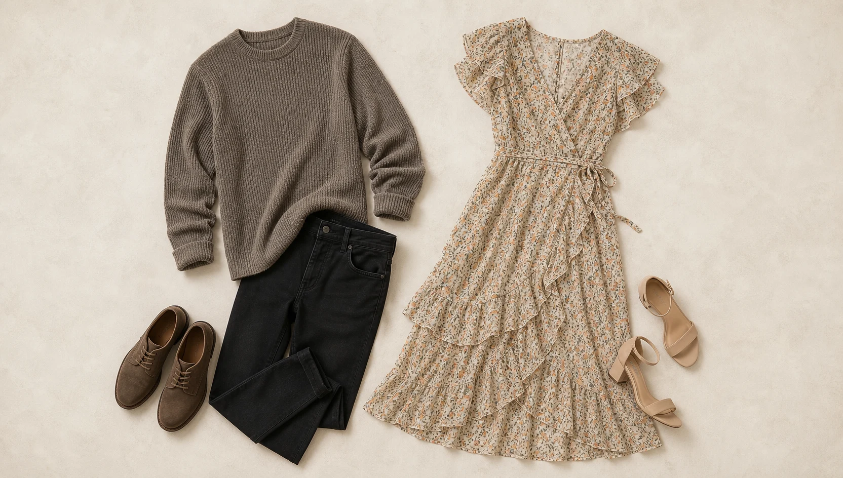 Outfit ideas for whispered secrets in foggy shoreline engagement photos