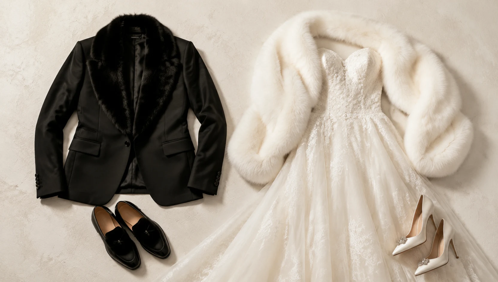 Outfit ideas for whisper in ear at sunrise with formal fur trim engagement photos