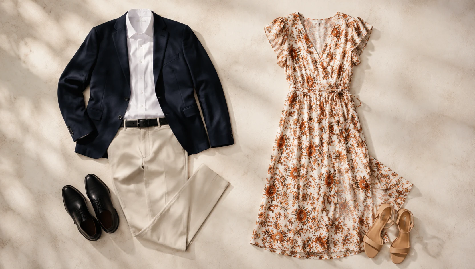 Outfit ideas for whispered secrets in a floral dress amid staircase shadows engagement photos