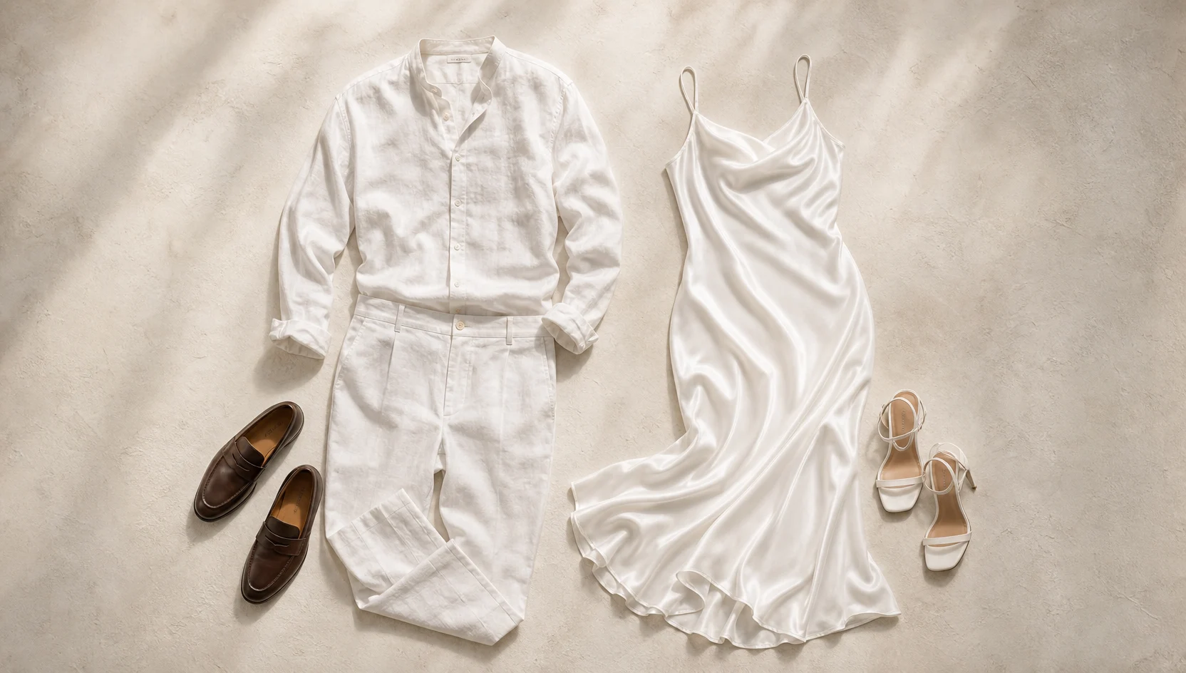 Outfit ideas for white attire couple sitting by dramatic side light engagement photos